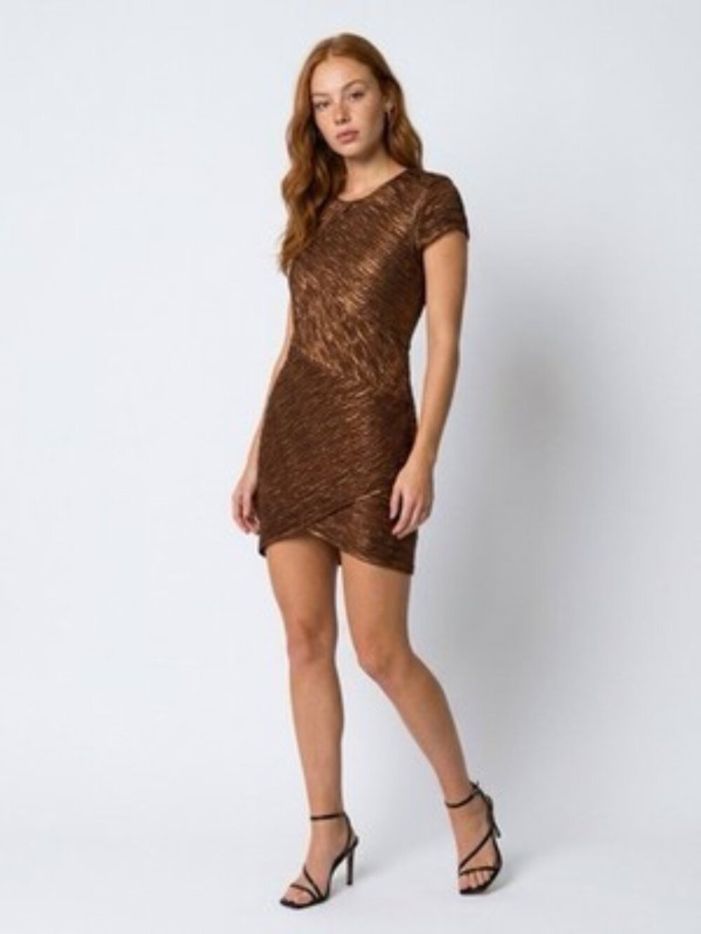 TORN BY RONNY KOBO Metallic Bronze Crinkled Ruched Bodycon Dress Sz L